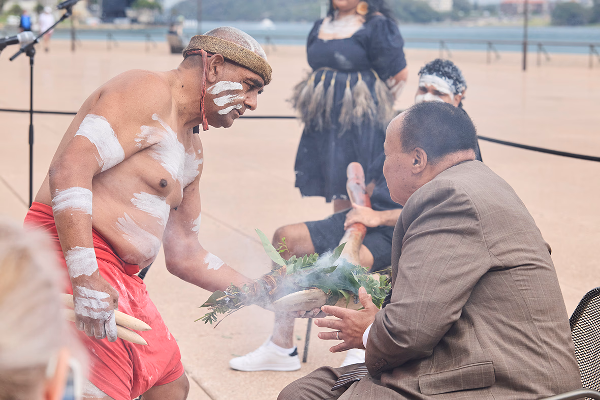 A smoking ceremony at the Australian Legacy and Leadership Tour welcome event.